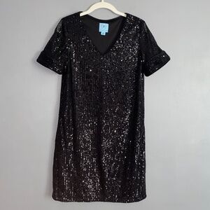 CECE Black Sequin V-Neck Shift Party New Years Cocktail Dress Knee Length Small